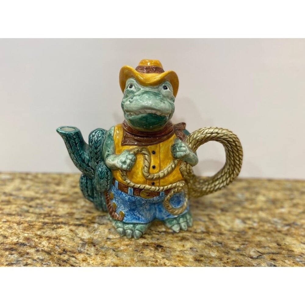 RARE 1993 Alligator Cowboy Teapot by Omnibus OCI Fitz & Floyd Ceramic